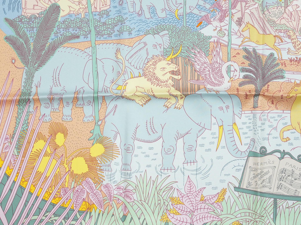 Hermes Scarf Le Carnaval des Animaux 90 cm silk pink blue Carre animal carnival 35"