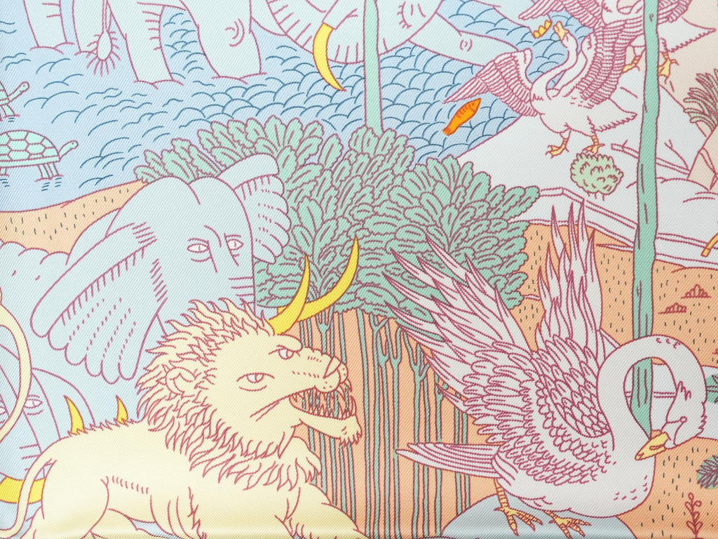 Hermes Scarf Le Carnaval des Animaux 90 cm silk pink blue Carre animal carnival 35"