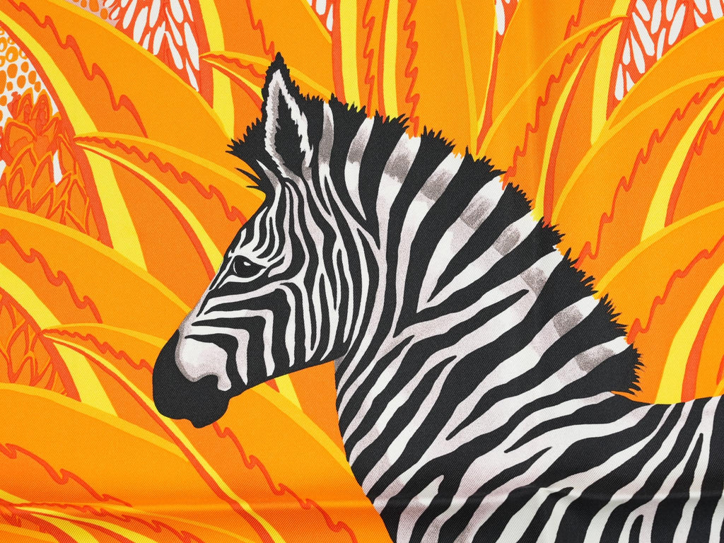 Hermes Scarf Mountain zebra 90 cm silk orange red Carre flower horse 35"