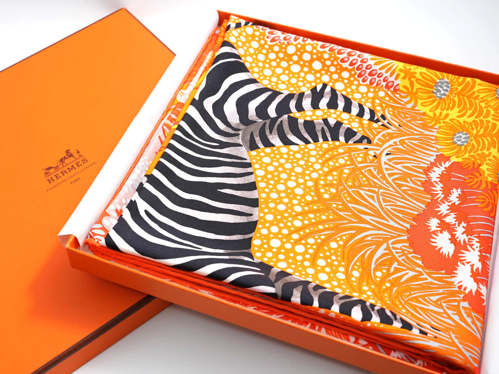 Hermes Scarf Mountain zebra 90 cm silk orange red Carre flower horse 35"