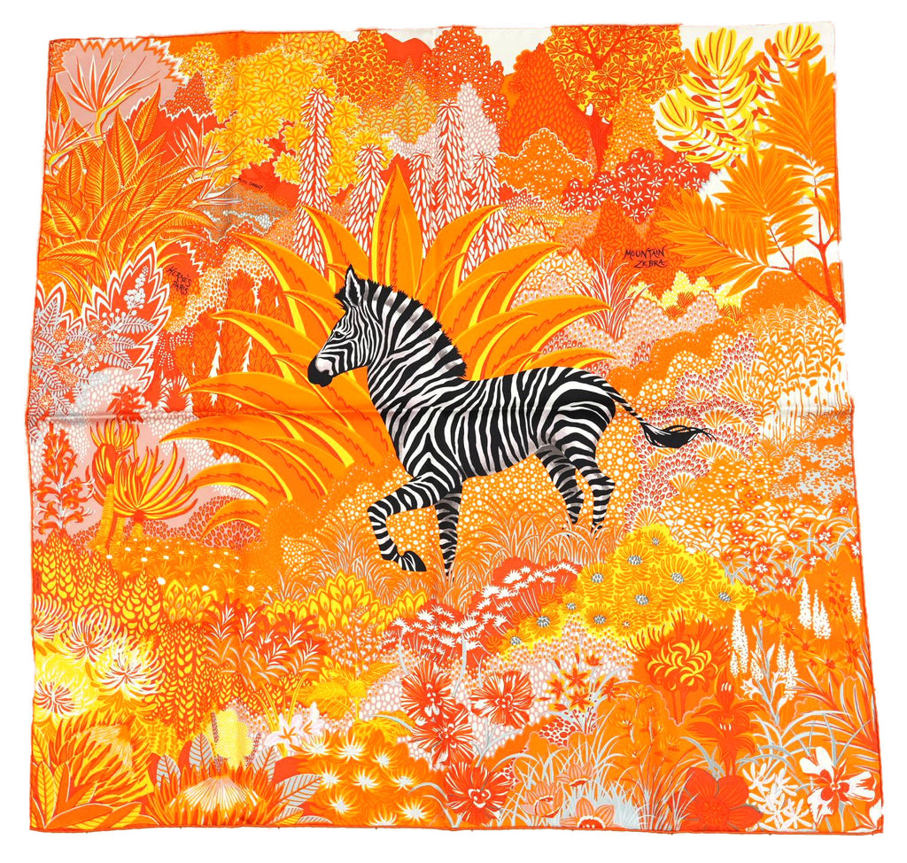 Hermes Scarf Mountain zebra 90 cm silk orange red Carre flower horse 35"