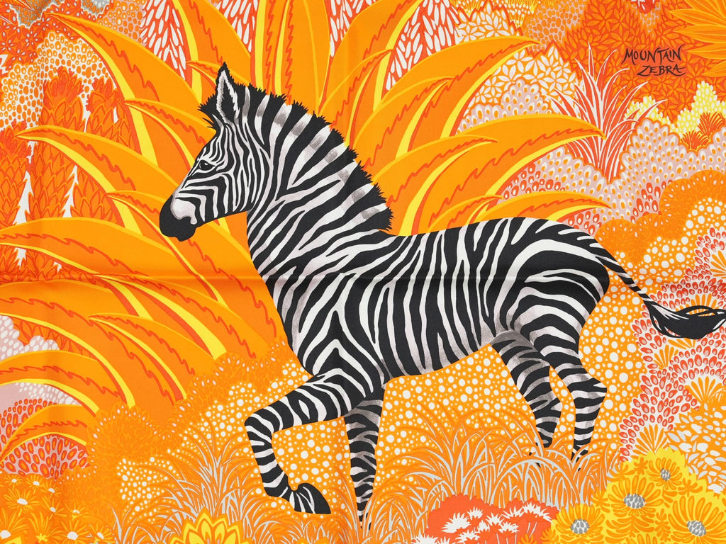 Hermes Scarf Mountain zebra 90 cm silk orange red Carre flower horse 35"