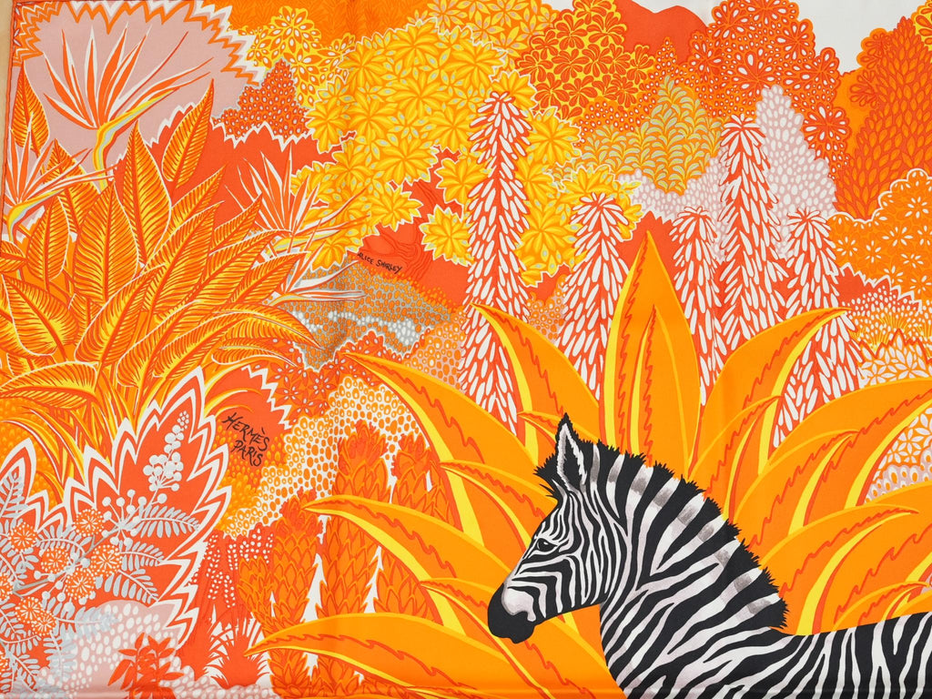 Hermes Scarf Mountain zebra 90 cm silk orange red Carre flower horse 35"