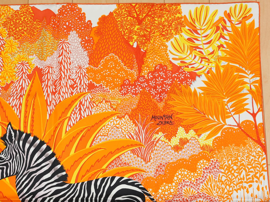 Hermes Scarf Mountain zebra 90 cm silk orange red Carre flower horse 35"