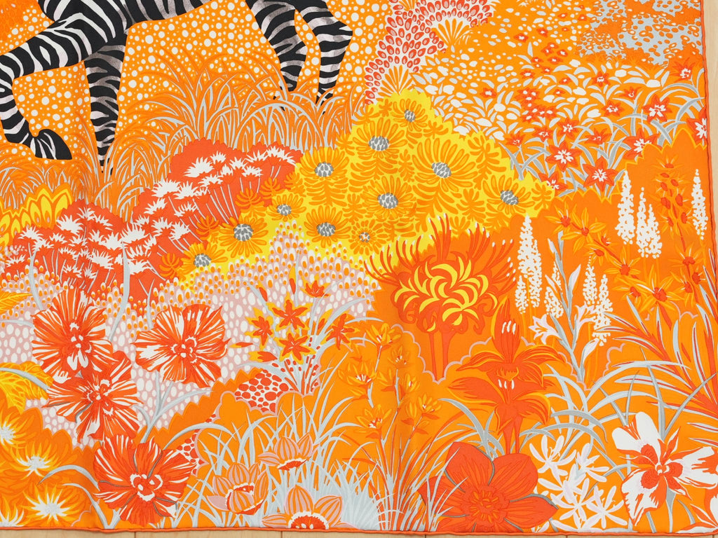 Hermes Scarf Mountain zebra 90 cm silk orange red Carre flower horse 35"