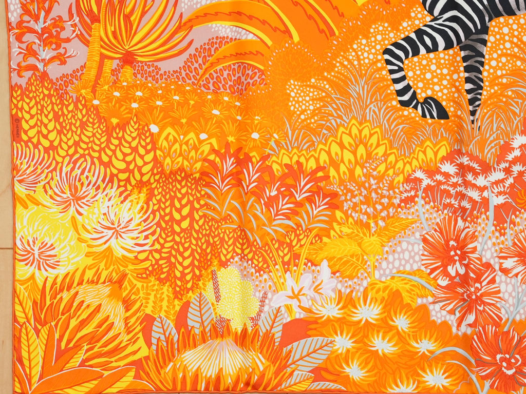 Hermes Scarf Mountain zebra 90 cm silk orange red Carre flower horse 35"