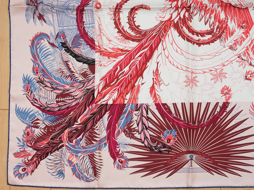 Hermes Scarf Mythiques Phoenix by Laurence Bourthoumieux 90 cm silk pink Carre