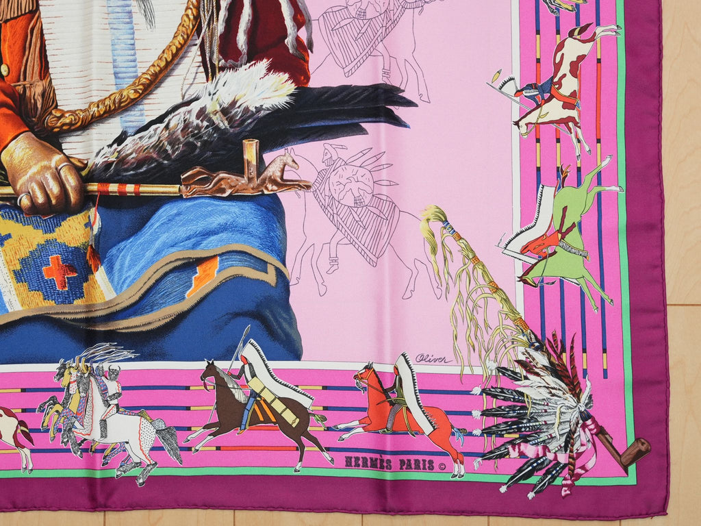 Hermes Scarf Pani La Shar Pawnee 90 cm silk pink native american Carre 053