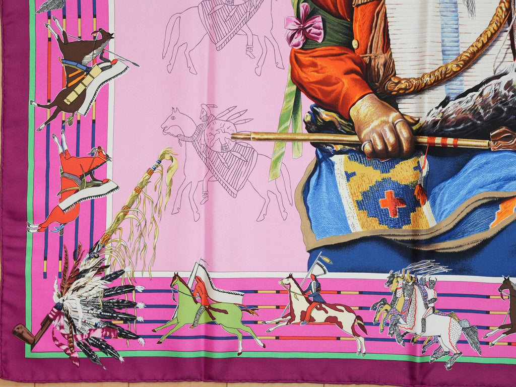 Hermes Scarf Pani La Shar Pawnee 90 cm silk pink native american Carre 053