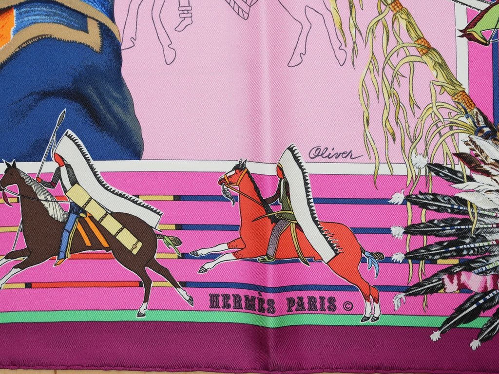 Hermes Scarf Pani La Shar Pawnee 90 cm silk pink native american Carre 053