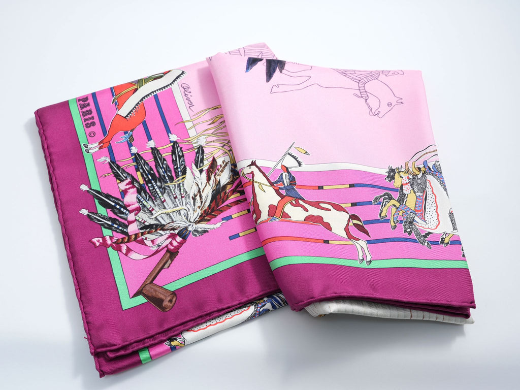 Hermes Scarf Pani La Shar Pawnee 90 cm silk pink native american Carre 053
