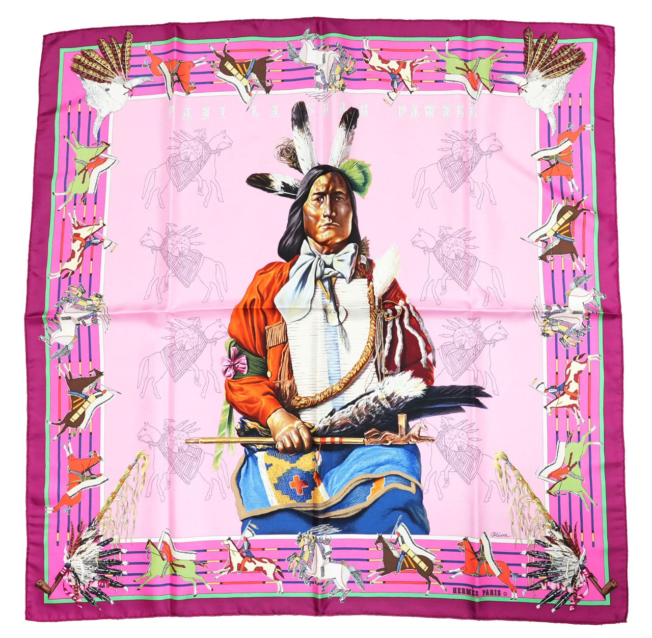 Hermes Scarf Pani La Shar Pawnee 90 cm silk pink native american Carre 053