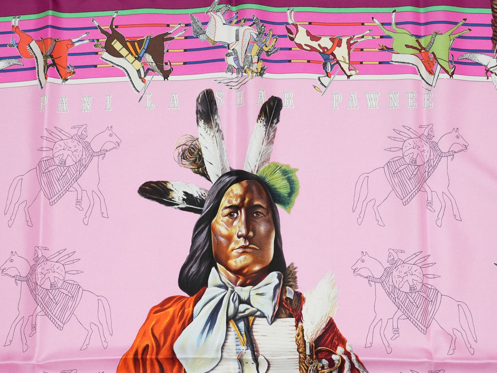 Hermes Scarf Pani La Shar Pawnee 90 cm silk pink native american Carre 053