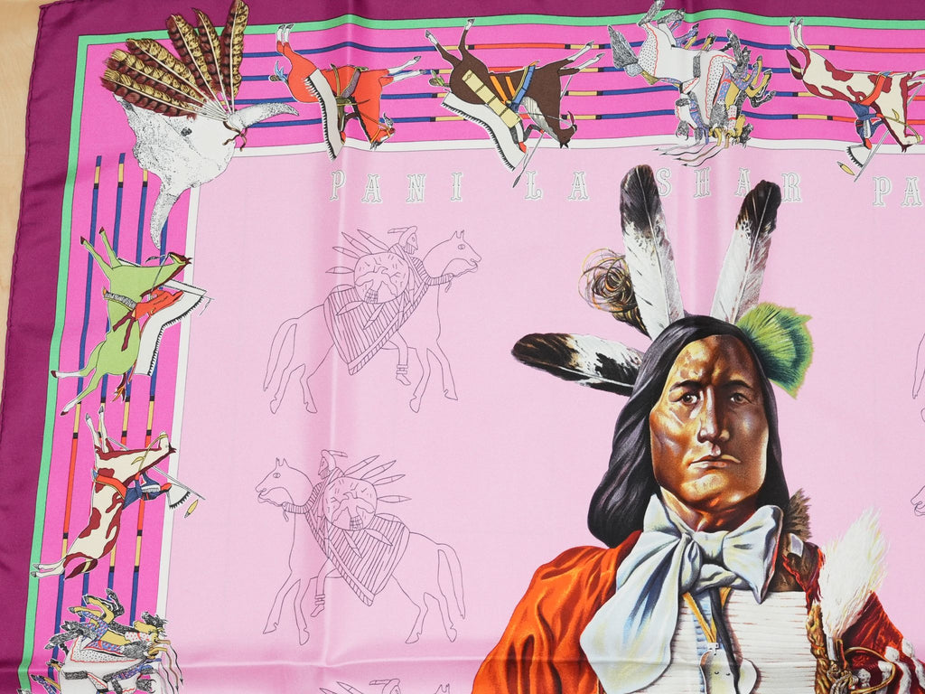 Hermes Scarf Pani La Shar Pawnee 90 cm silk pink native american Carre 053
