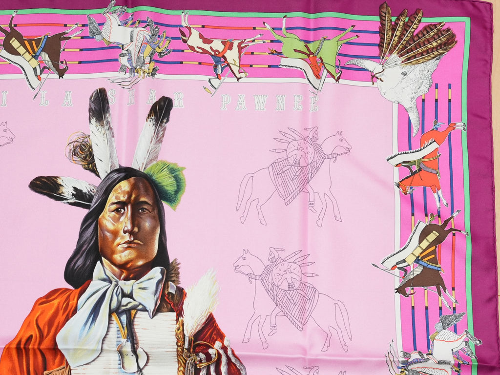 Hermes Scarf Pani La Shar Pawnee 90 cm silk pink native american Carre 053