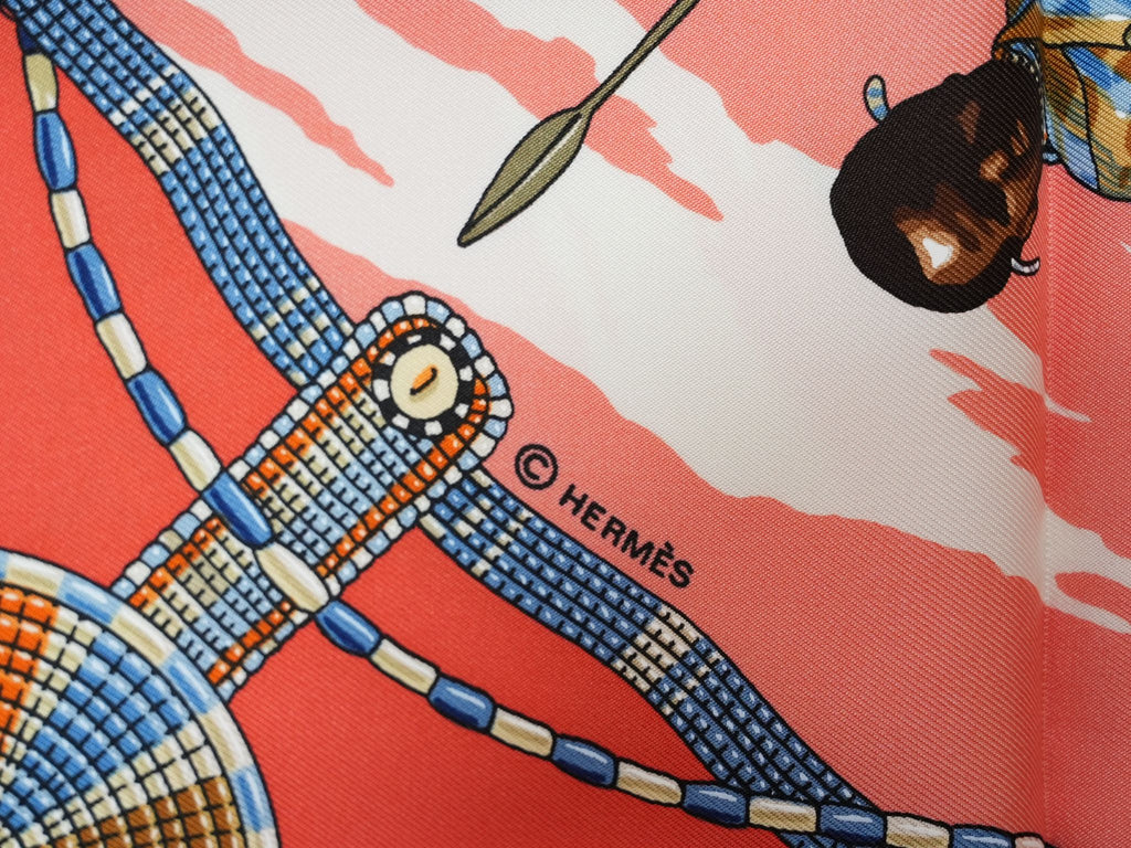 Hermes Scarf Perles Du Kenya 90 cm silk orange pink 1997 Carre pearl 35"