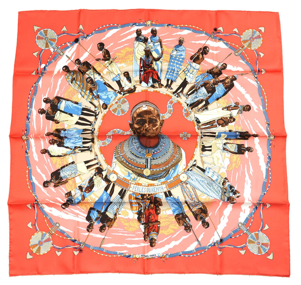 Hermes Scarf Perles Du Kenya 90 cm silk orange pink 1997 Carre pearl 35"