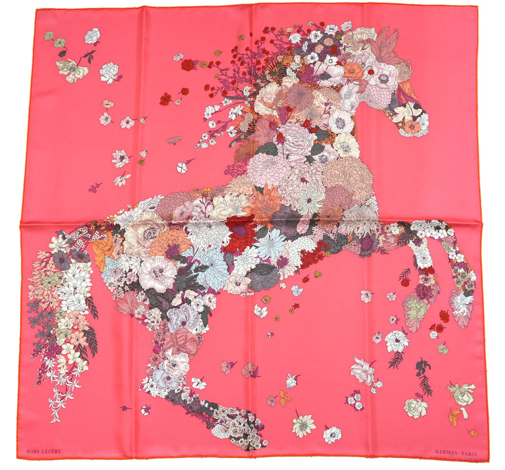 Hermes Scarf Robe Legere 90 cm silk pink Carre flower horse 35"