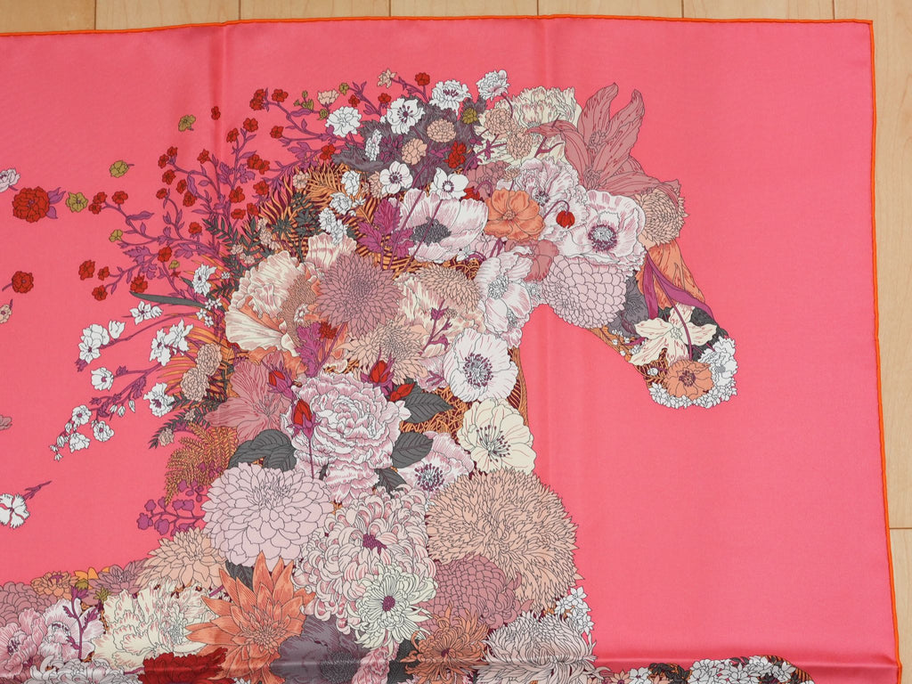 Hermes Scarf Robe Legere 90 cm silk pink Carre flower horse 35"