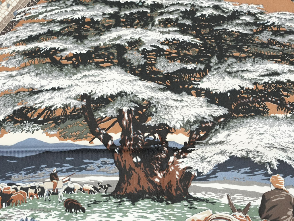 Hermes Scarf Sous Le Cedre 90 cm silk beige white Carre cedar tree 35"