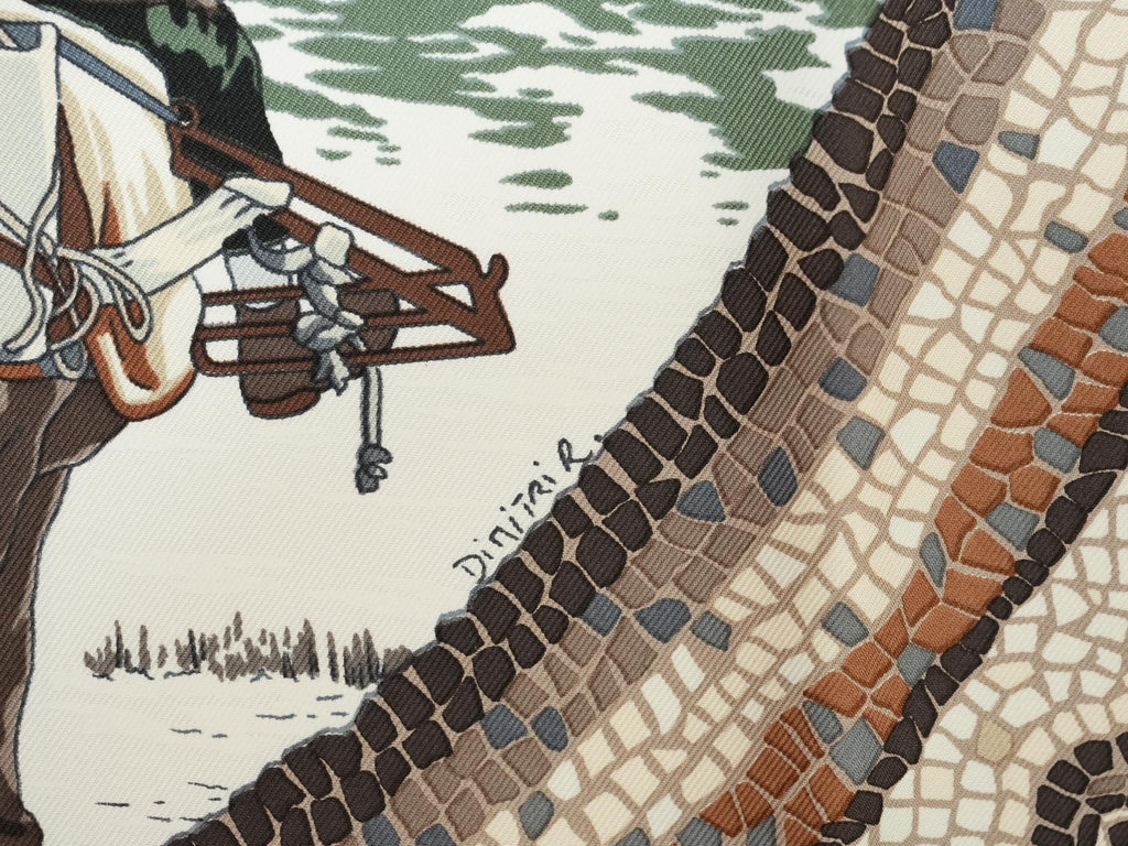 Hermes Scarf Sous Le Cedre 90 cm silk beige white Carre cedar tree 35"