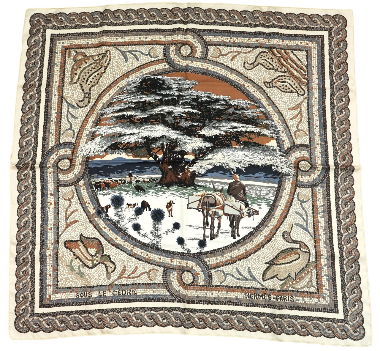 Hermes Scarf Sous Le Cedre 90 cm silk beige white Carre cedar tree 35"