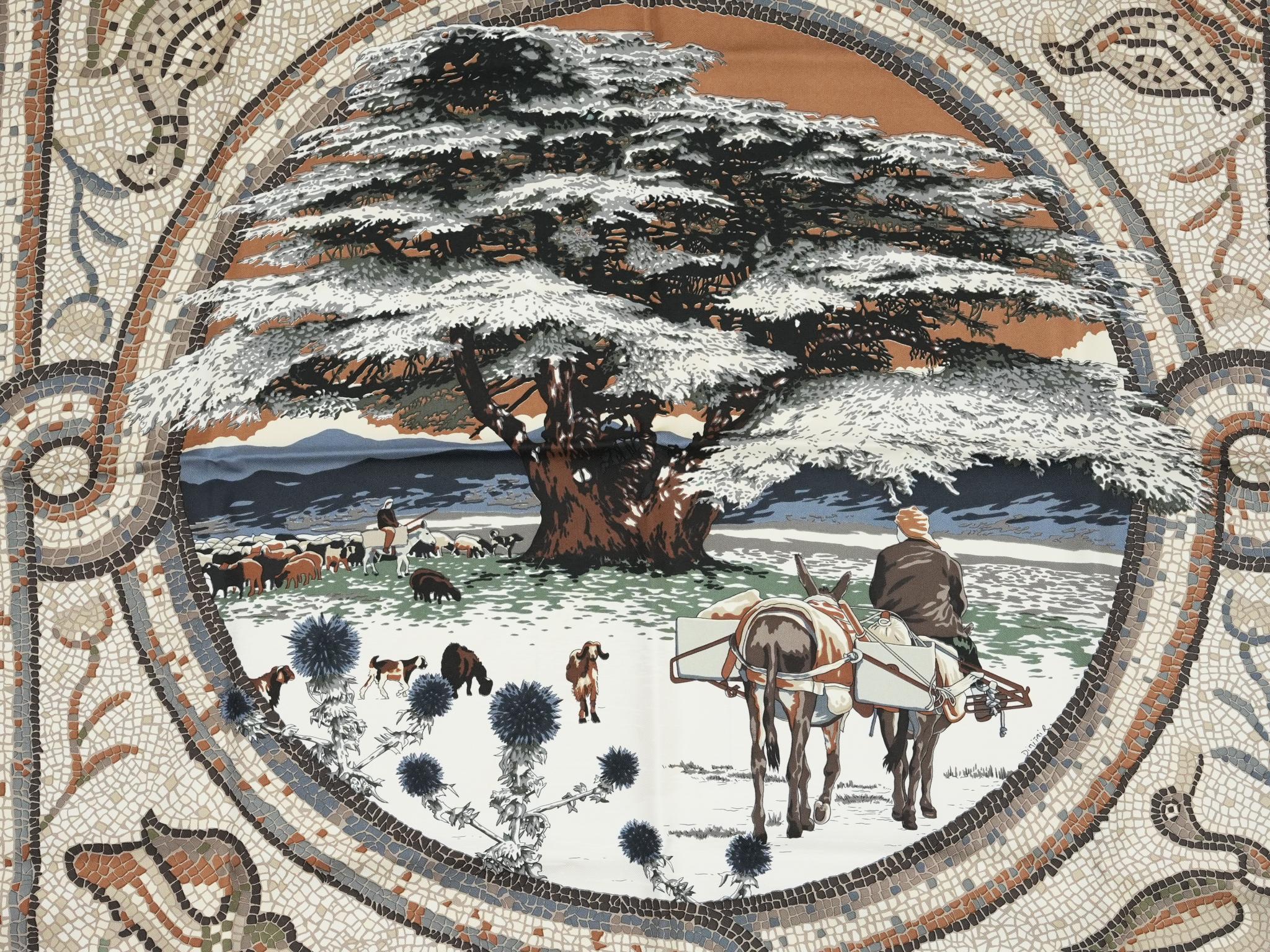 Hermes Scarf Sous Le Cedre 90 cm silk beige white Carre cedar tree