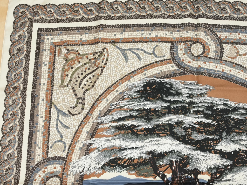 Hermes Scarf Sous Le Cedre 90 cm silk beige white Carre cedar tree 35"