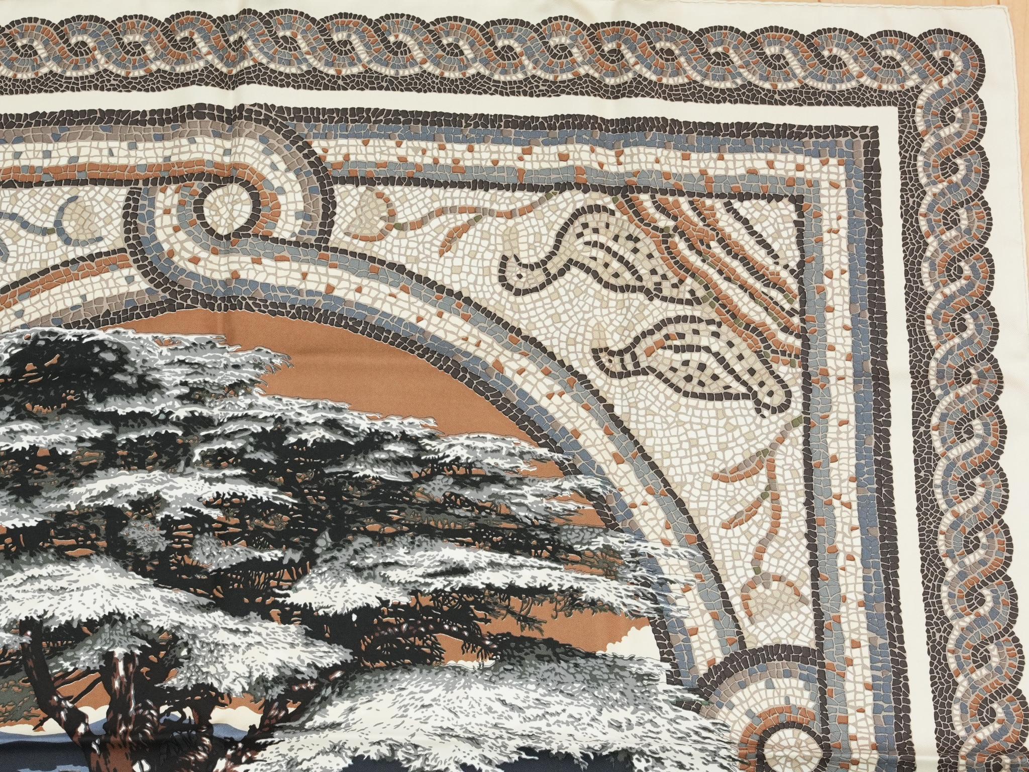 Hermes Scarf Sous Le Cedre 90 cm silk beige white Carre cedar tree