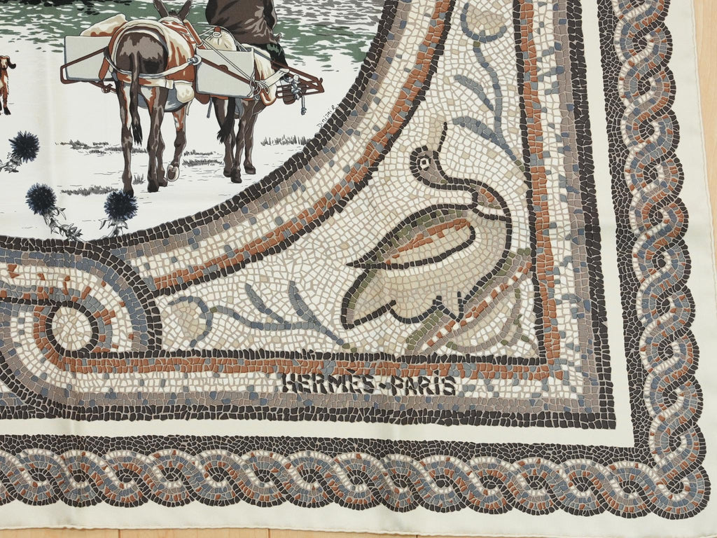 Hermes Scarf Sous Le Cedre 90 cm silk beige white Carre cedar tree 35"