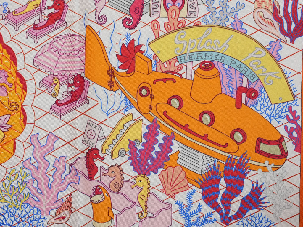 Hermes Scarf Splash Park 90 cm silk orange Carre beach pool wave 35"