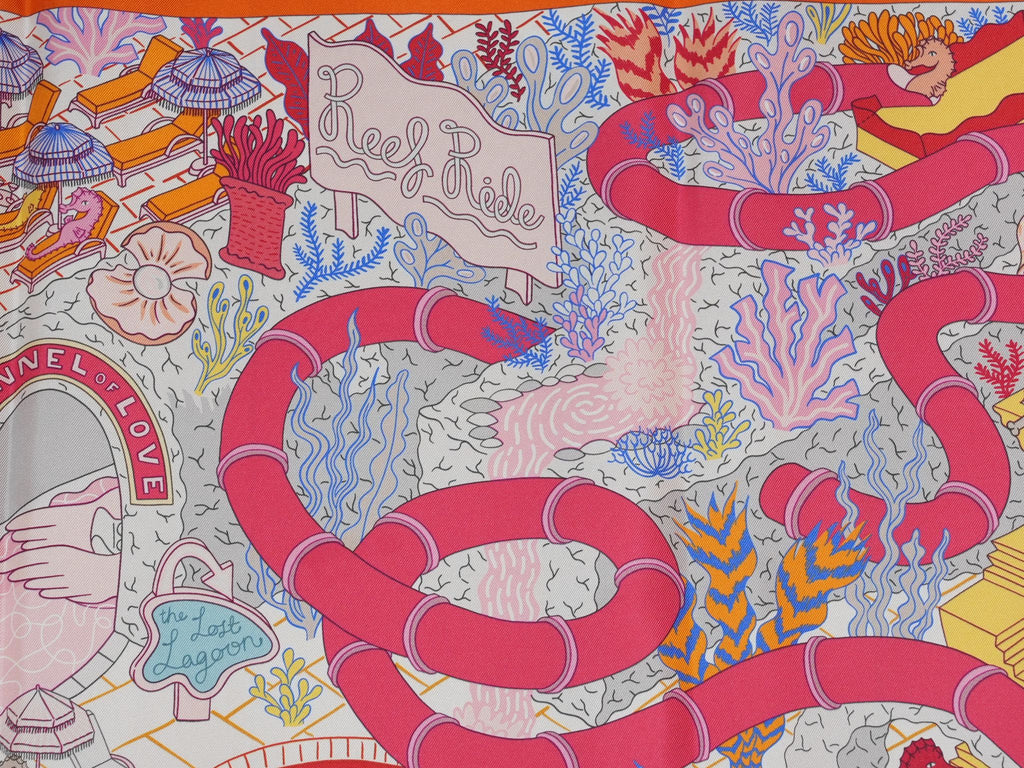 Hermes Scarf Splash Park 90 cm silk orange Carre beach pool wave 35"