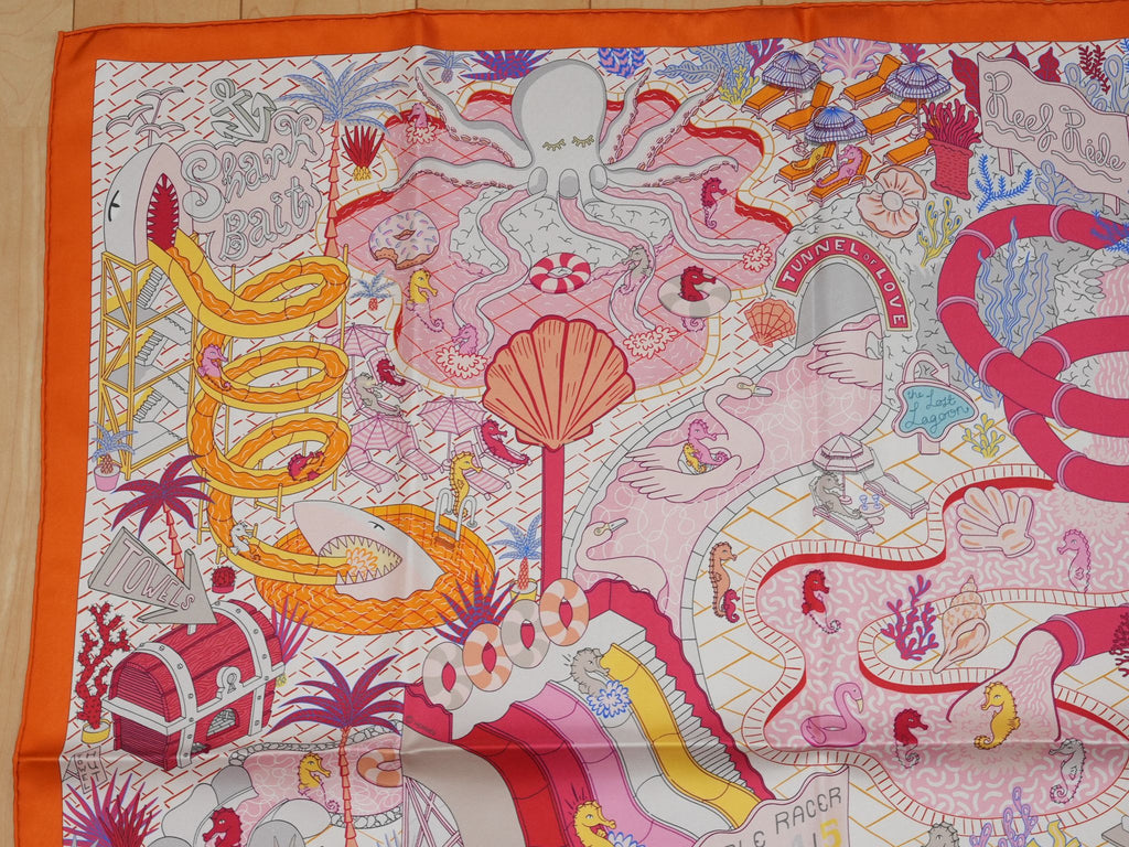 Hermes Scarf Splash Park 90 cm silk orange Carre beach pool wave 35"