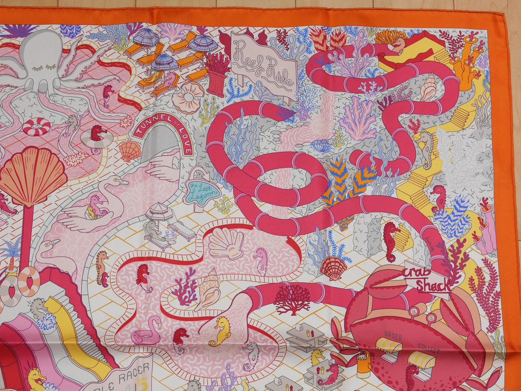 Hermes Scarf Splash Park 90 cm silk orange Carre beach pool wave 35"