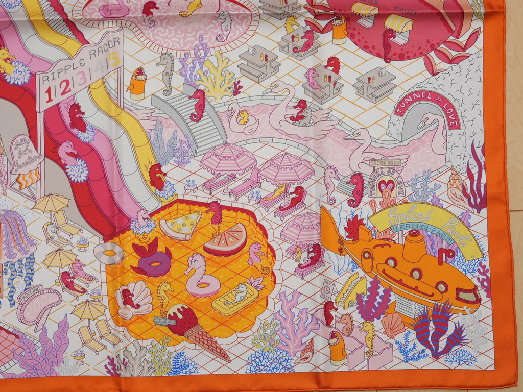 Hermes Scarf Splash Park 90 cm silk orange Carre beach pool wave 35"