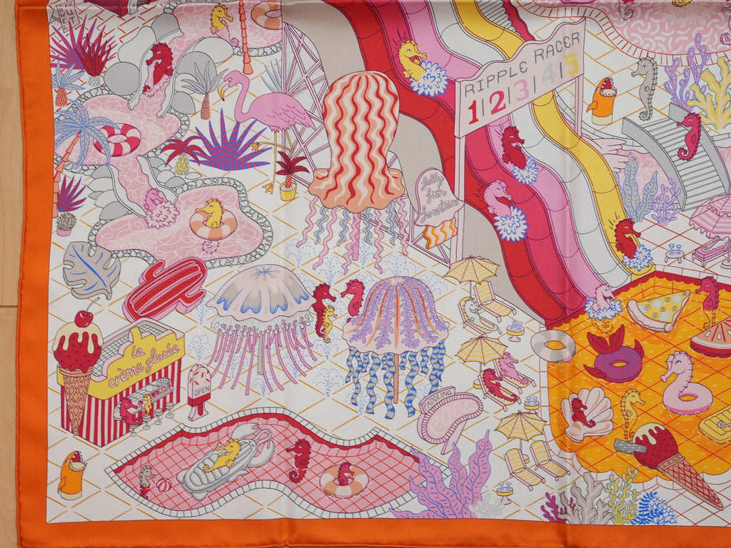 Hermes Scarf Splash Park 90 cm silk orange Carre beach pool wave 35"
