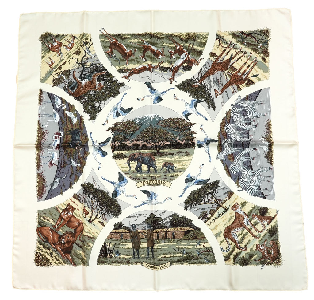 Hermes Scarf Tanzanie 90 cm silk white Carre animal cheetah 35"