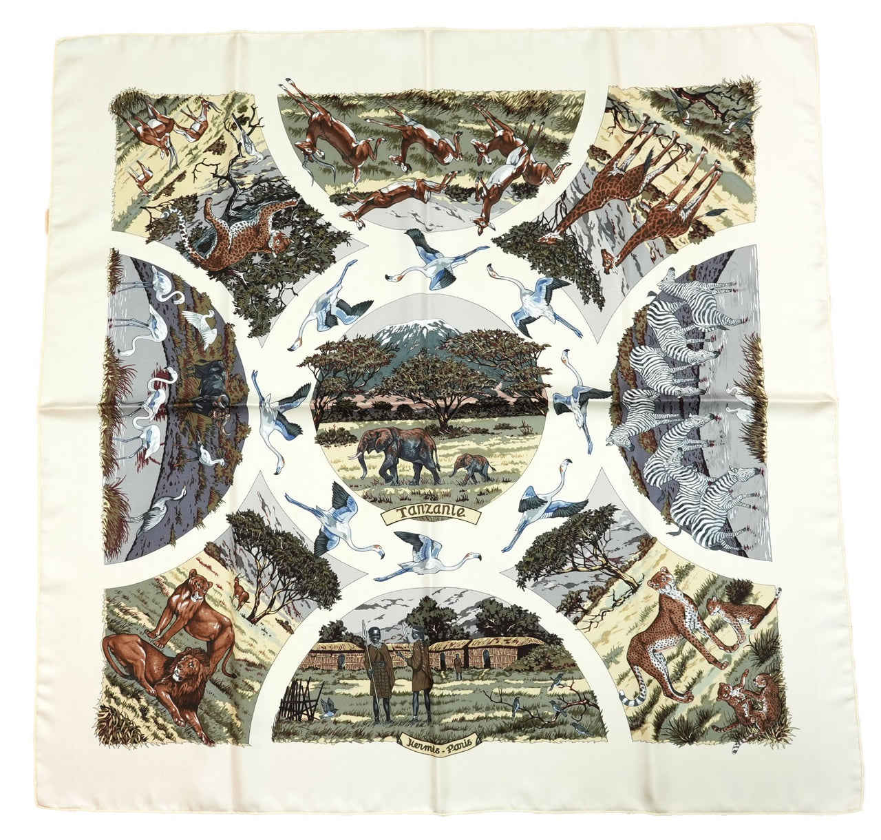 Hermes Scarf Tanzanie 90 cm silk white Carre animal cheetah 35"