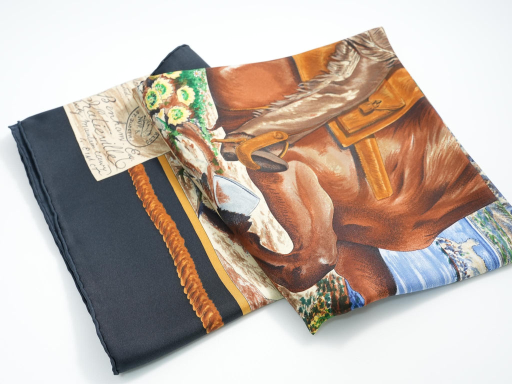 Hermes Scarf The Pony Express by Kermit Oliver 90 cm silk black Carre post 35"
