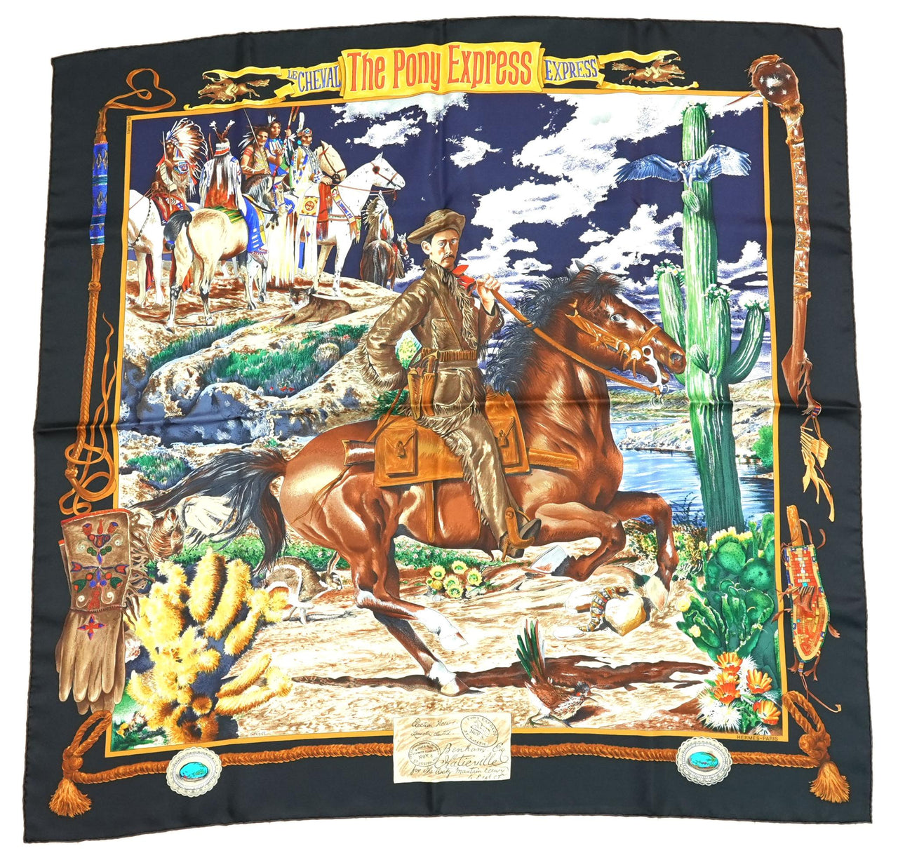 Hermes Scarf The Pony Express by Kermit Oliver 90 cm silk black Carre post 35"