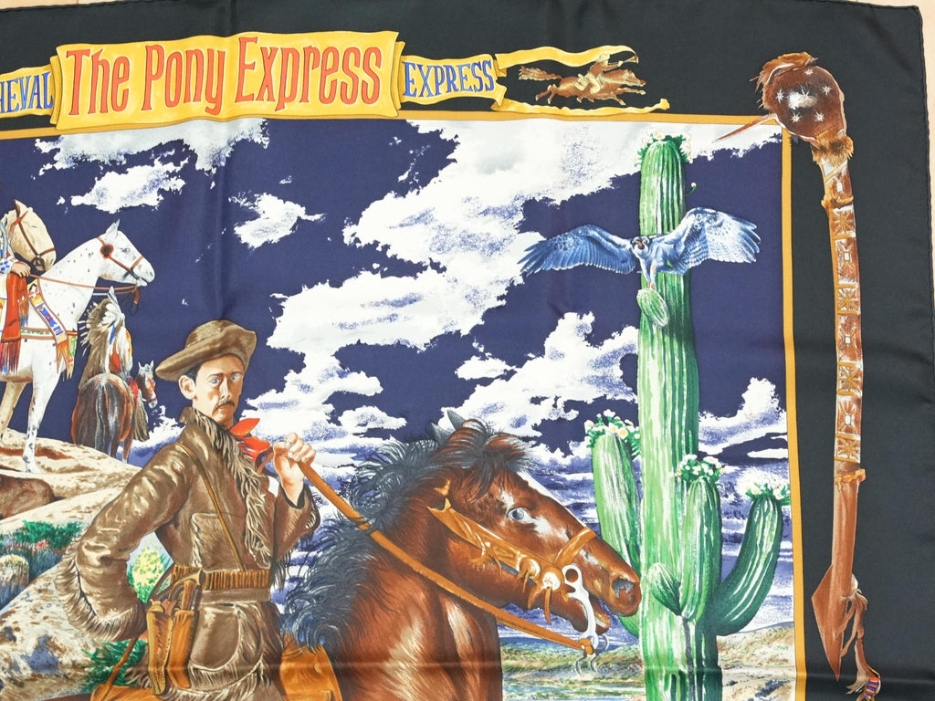 Hermes Scarf The Pony Express by Kermit Oliver 90 cm silk black Carre post 35"