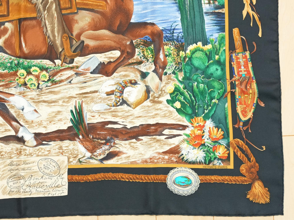 Hermes Scarf The Pony Express by Kermit Oliver 90 cm silk black Carre post 35"
