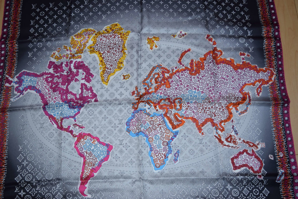 Louis Vuitton Scarf World map 86 cm Monogram Silk 34” inch Gray purple YA2