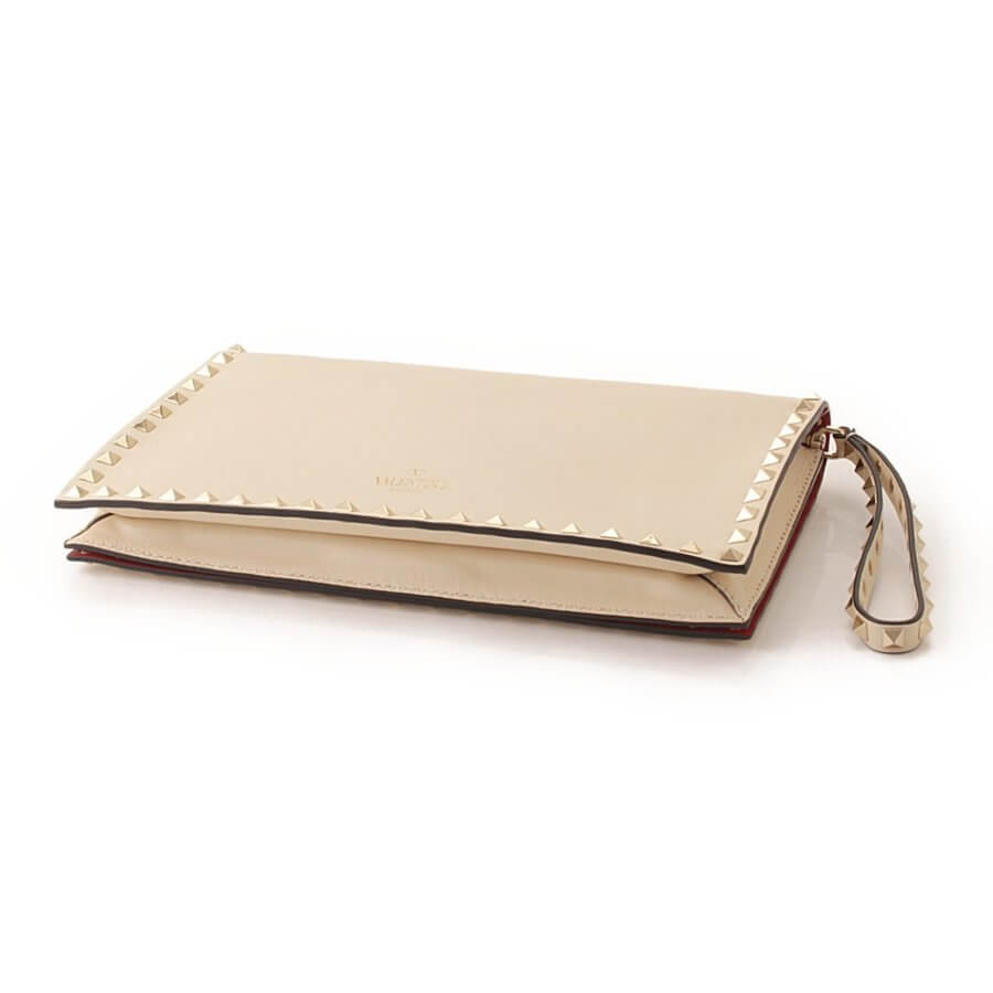 Valentino Rock Studs Clutch Bag leather Ivory Handbag Garavani NEW