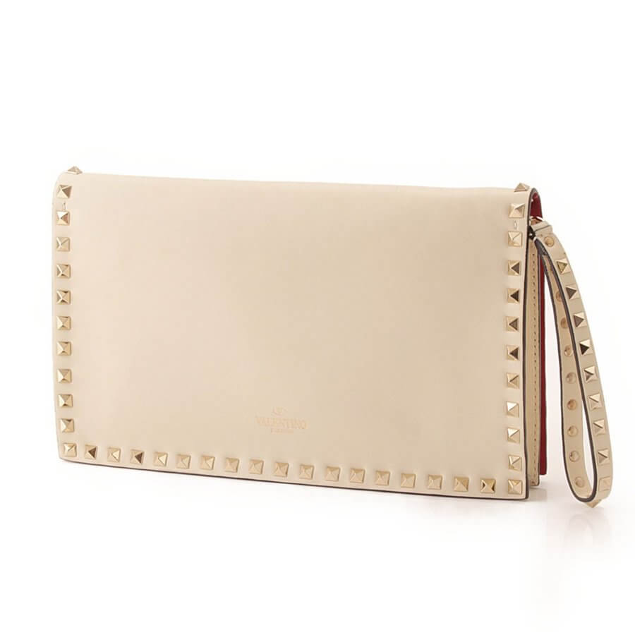 Valentino Rock Studs Clutch Bag leather Ivory Handbag Garavani NEW