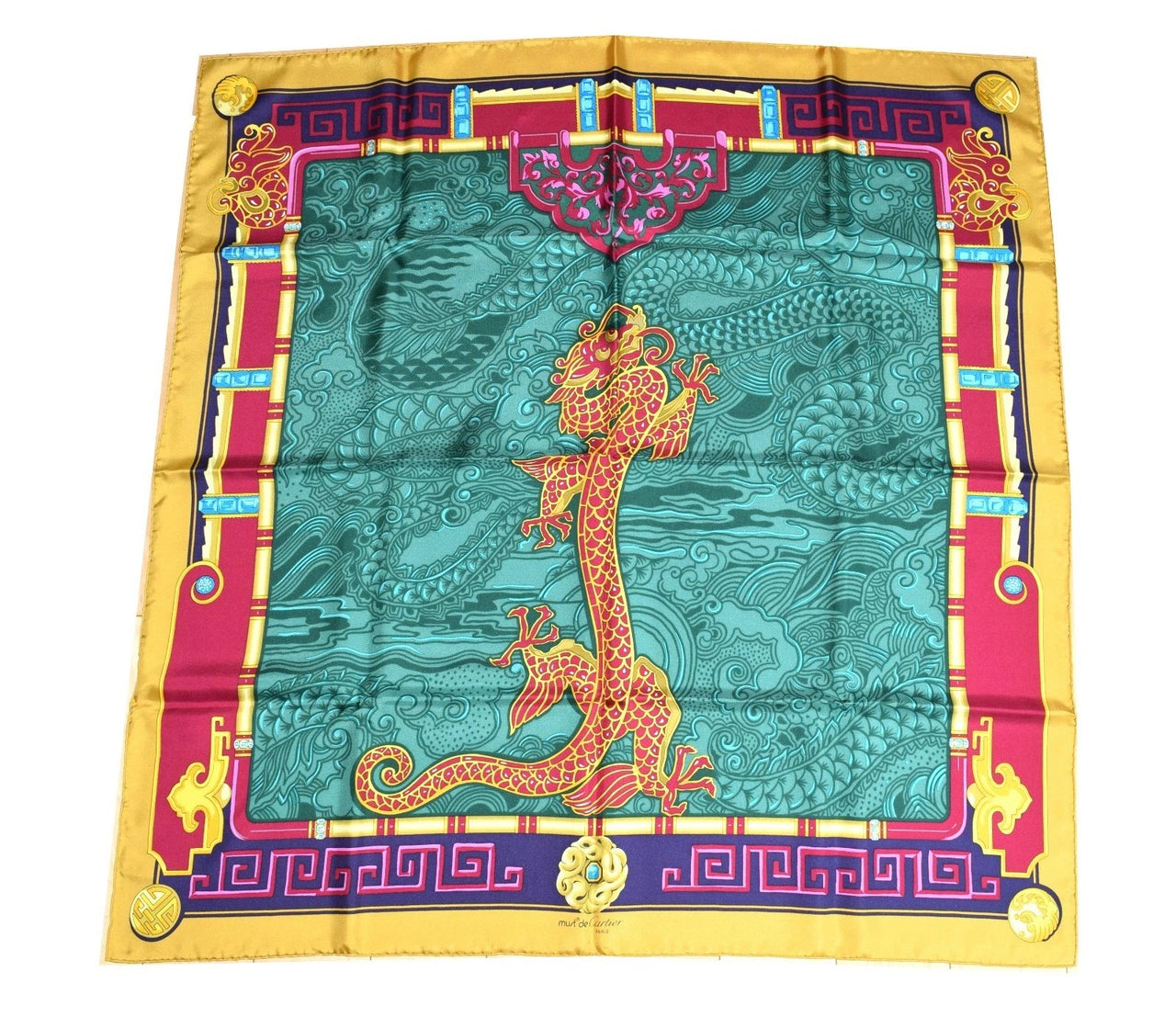 must de Cartier Scarf LE DRAGON MYSTERIEUX Silk 87 cm Green Shawl Foulard YA15820