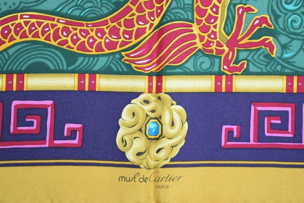 must de Cartier Scarf LE DRAGON MYSTERIEUX Silk 87 cm Green Shawl Foulard YA15820