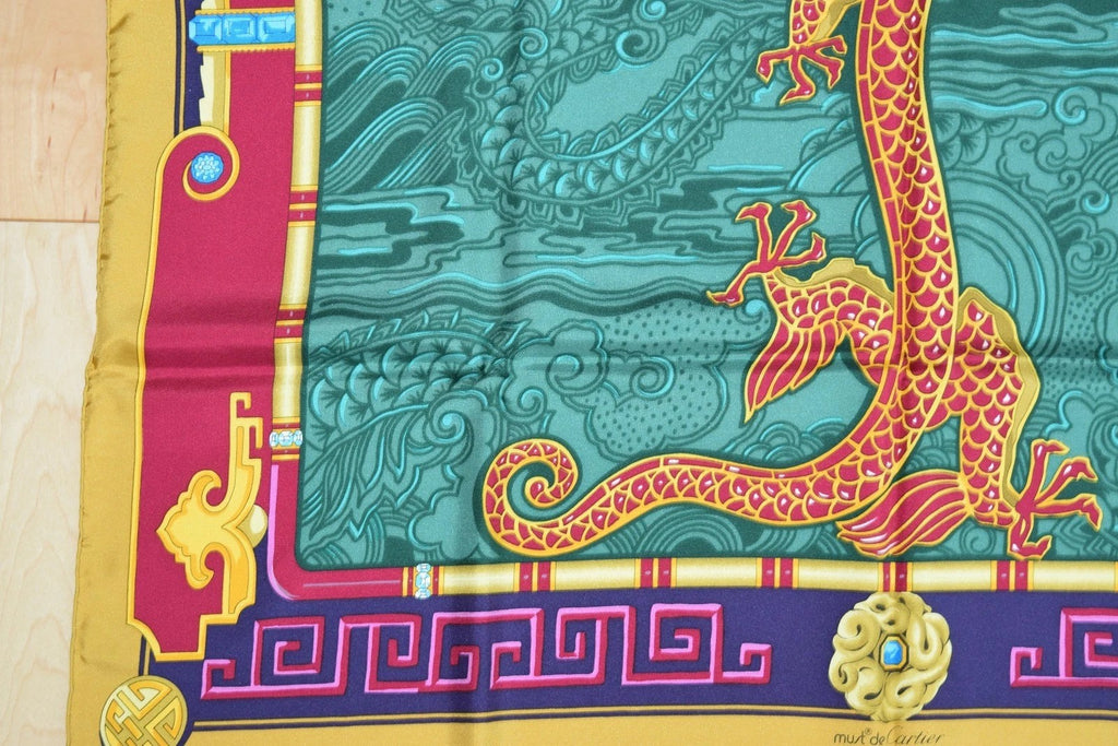 must de Cartier Scarf LE DRAGON MYSTERIEUX Silk 87 cm Green Shawl Foulard YA15820
