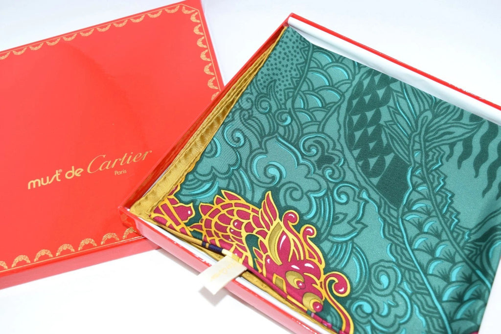 must de Cartier Scarf LE DRAGON MYSTERIEUX Silk 87 cm Green Shawl Foulard YA15820