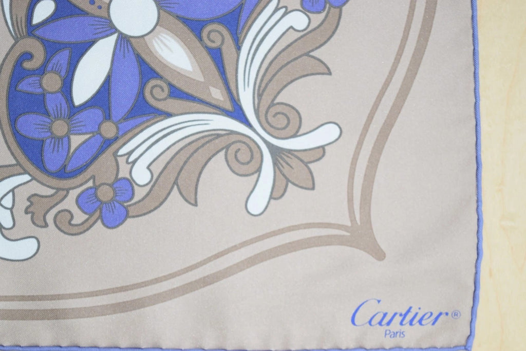 must de Cartier Scarf Panther Floral Silk 87 cm Purple Leopard Flower Shawl Foulard YA7577